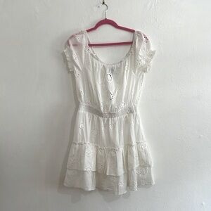 Summer Cotton Cottage Core Boho Chic Feminine White Lace Eyelet Ruffle  Dress S